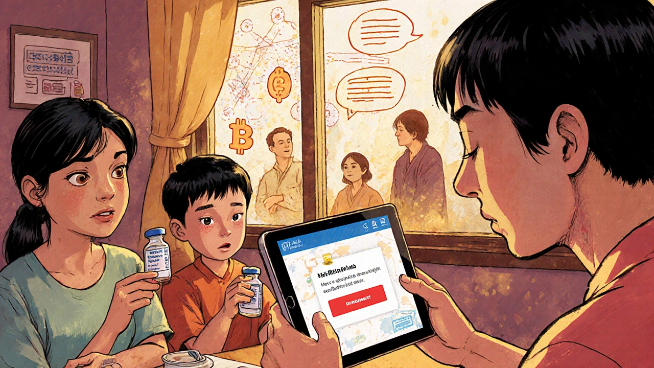 A family discovers a counterfeit insulin vial, with a safety app alert glowing on a tablet and hidden criminal symbols outside the window.