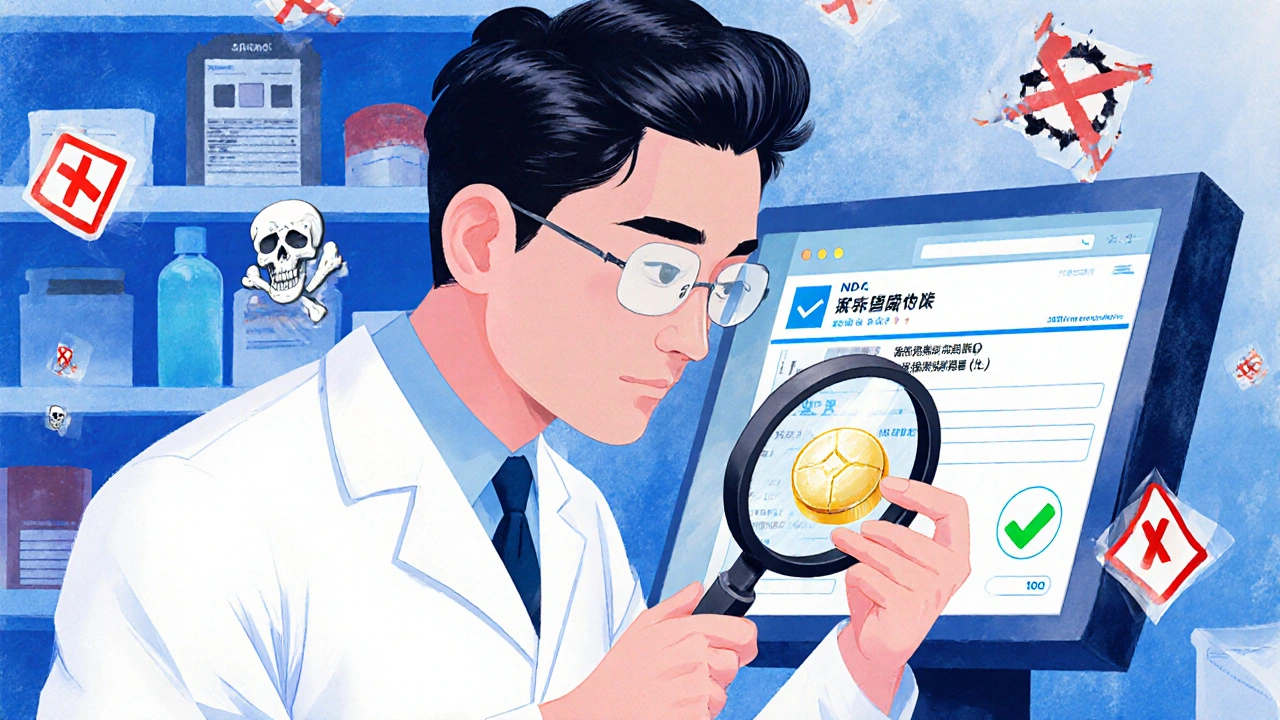 A pharmacist inspecting a pill under a magnifying glass, comparing fake and authentic medication with digital verification on screen.