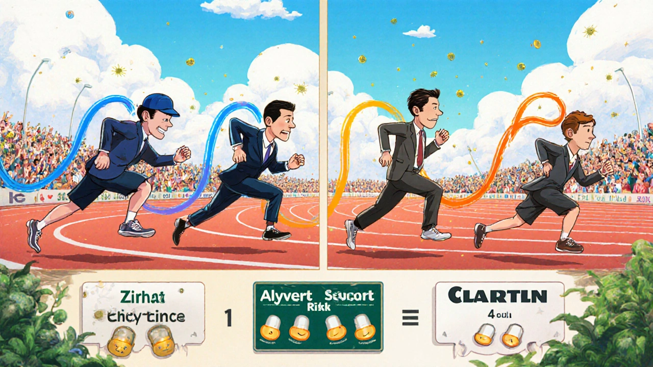 Anthropomorphic pill characters racing on a track to illustrate allergy drug onset speeds.