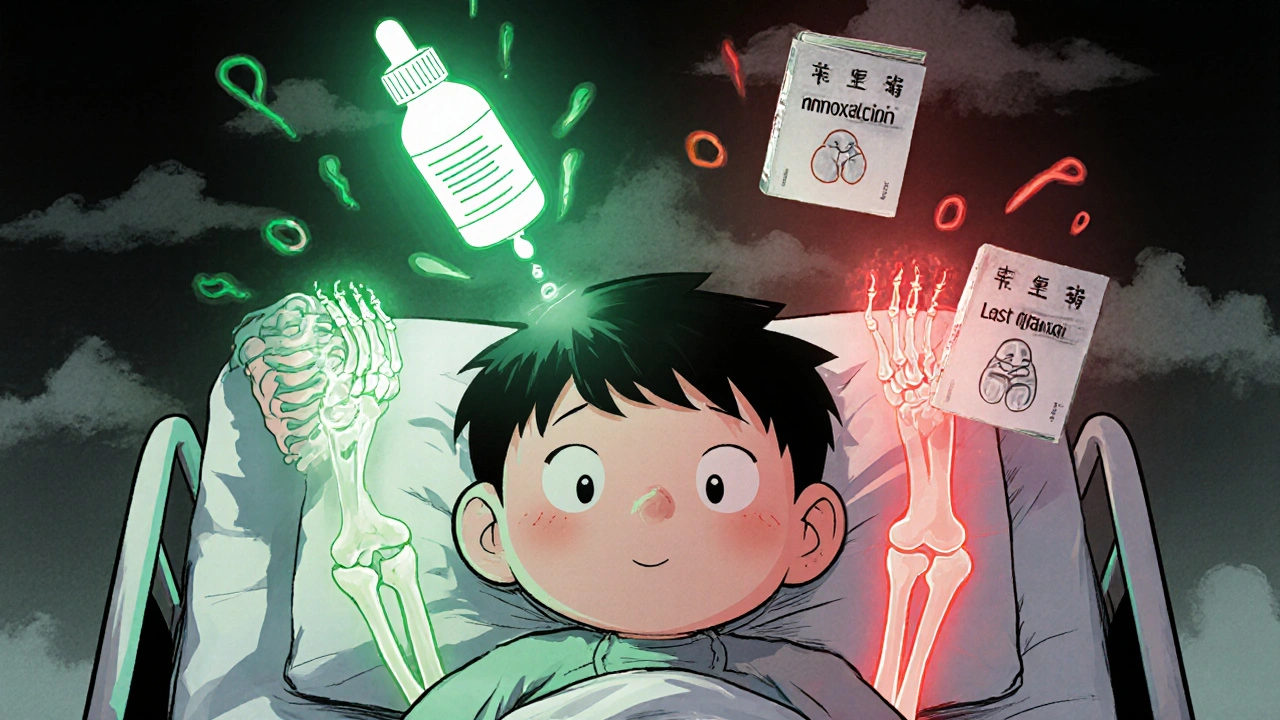 Child with glowing ear drops and contrasting healthy vs damaged joint cartilage illustration