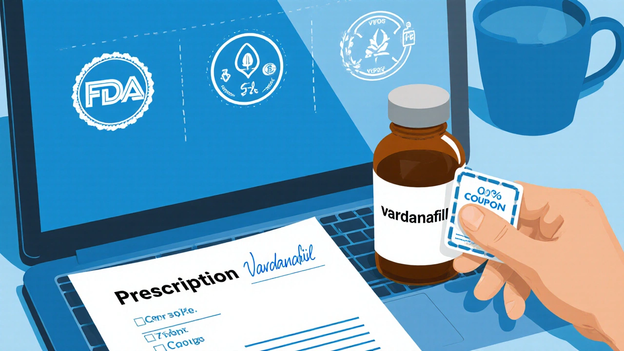 Close‑up of prescription, pill bottle, and certification icons on desk.