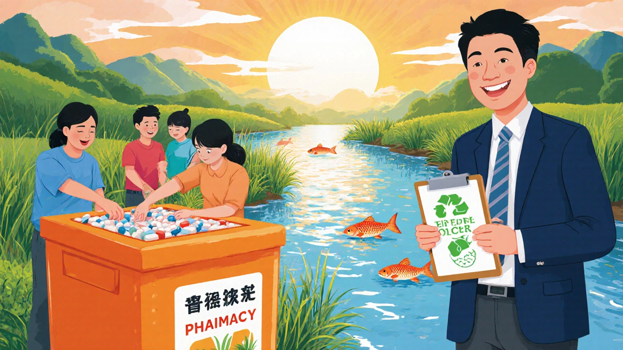 Community disposing pills in a take‑back box, officials with clipboard, and a clean, lively river.