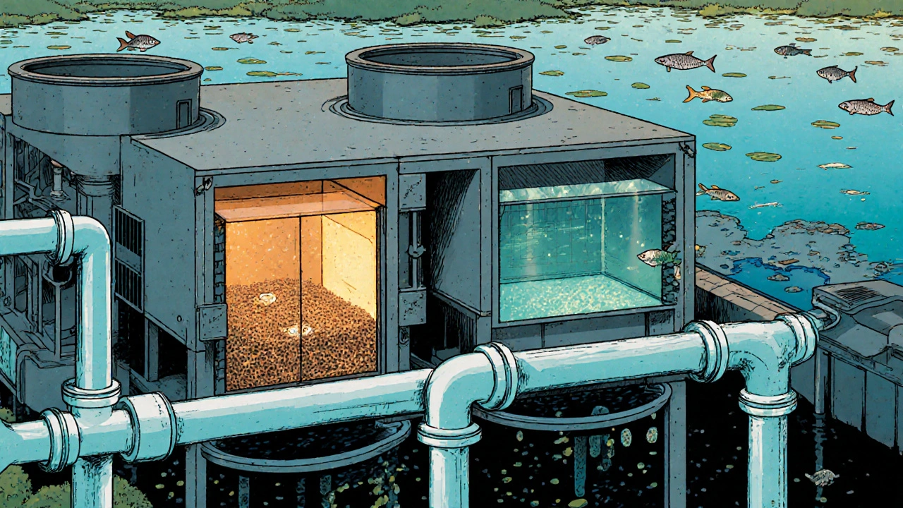 Cross‑section of a wastewater plant with filters, showing affected fish and algae in the downstream river.