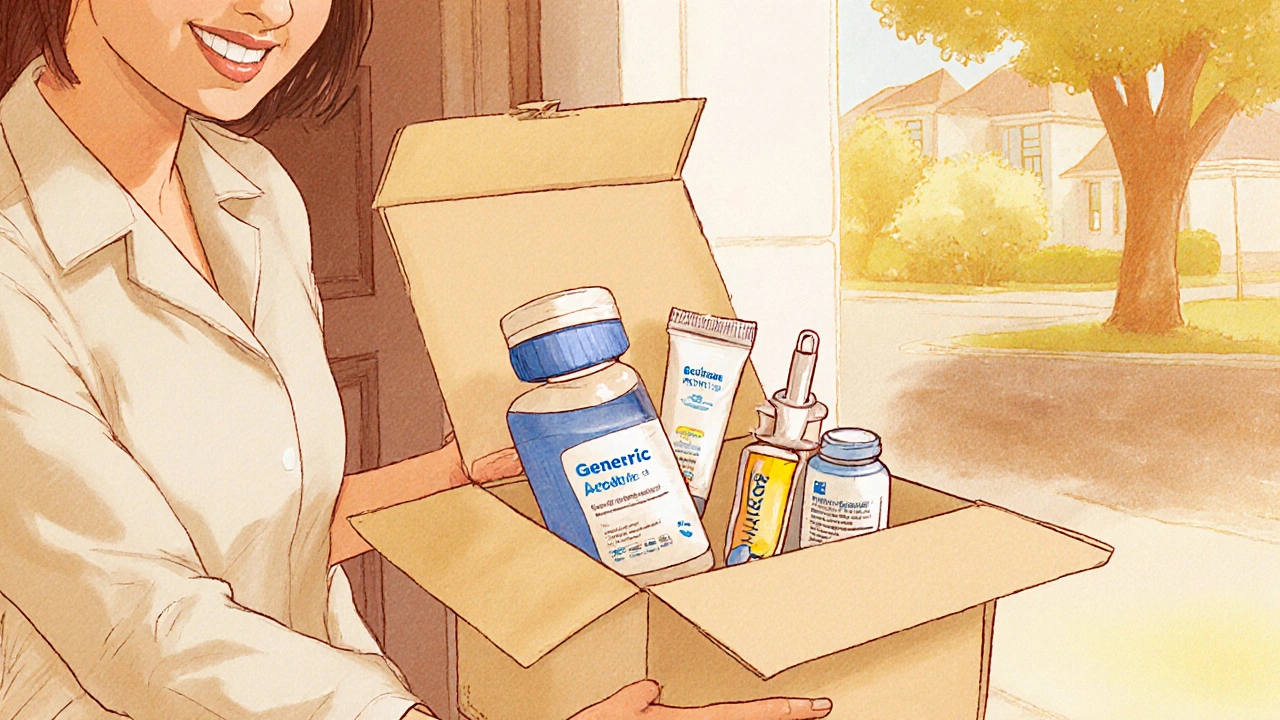 Delivery box opened to reveal generic Accutane, moisturizer, sunscreen, and lab kit.