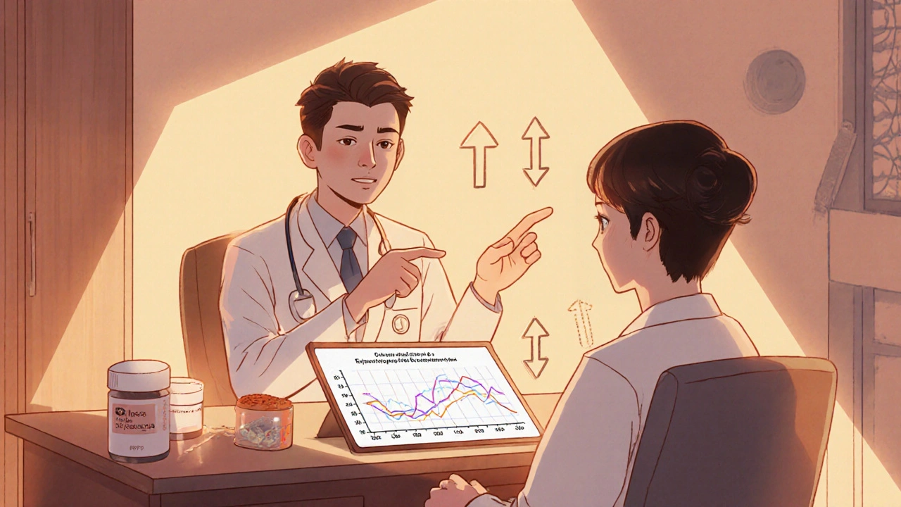 Doctor adjusting doses with monitoring graphs and extended‑release pill.
