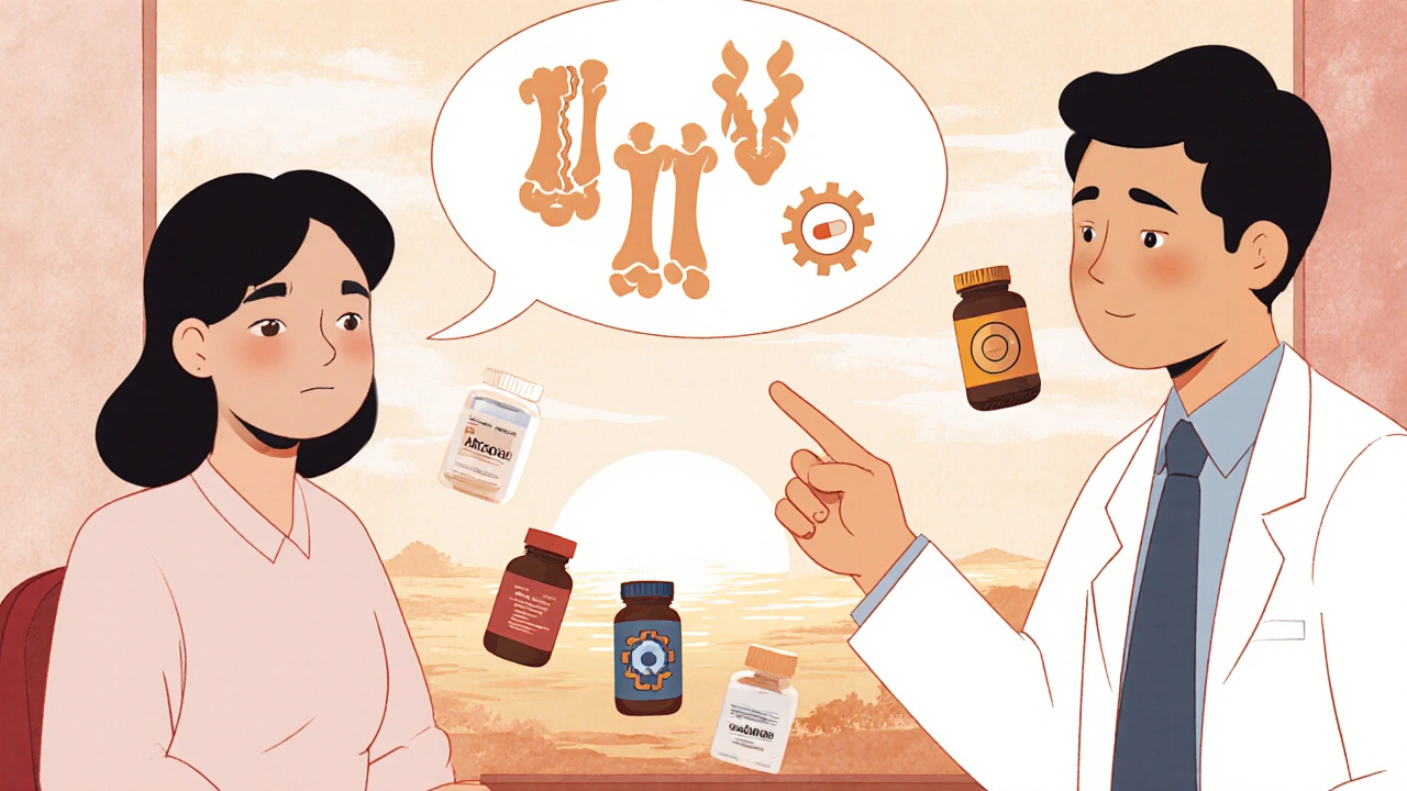 Doctor and patient discussing bone health, hormonal status, and medication options.