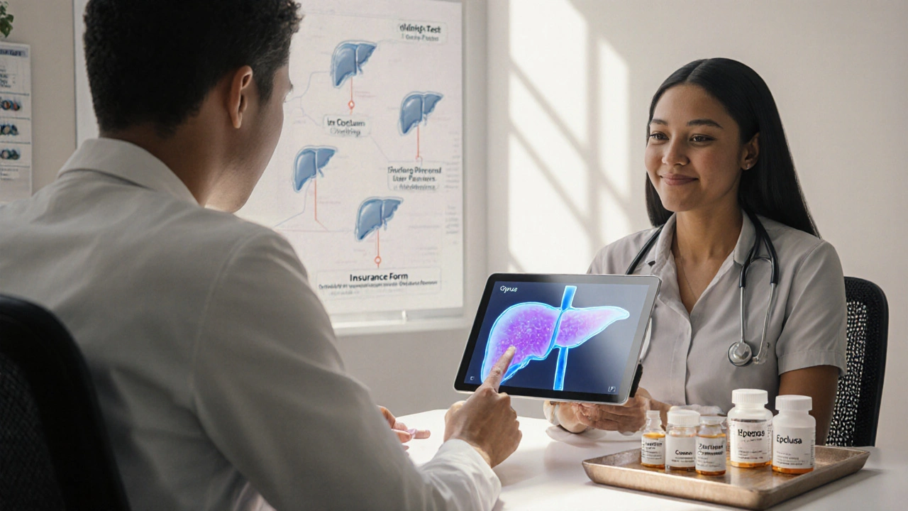 Doctor consulting patient with holographic liver diagram and assorted medication bottles.