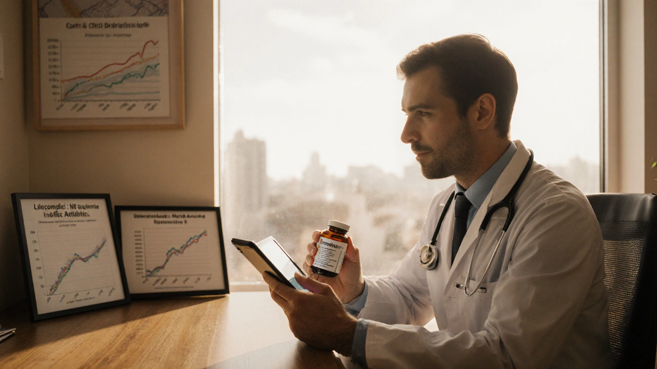 Doctor reviewing a tablet while holding a Lincomycin bottle in a warm consultation room.