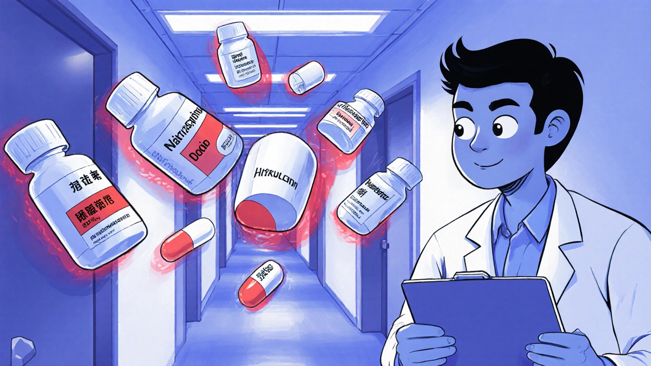 Doctor with medicines shrinking due to carbamazepine interaction.