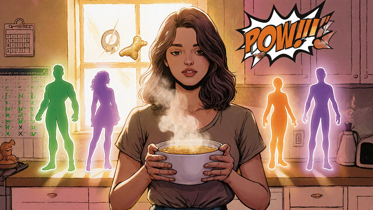 Emma holds ginger broth, surrounded by supportive group silhouettes in a bright kitchen.