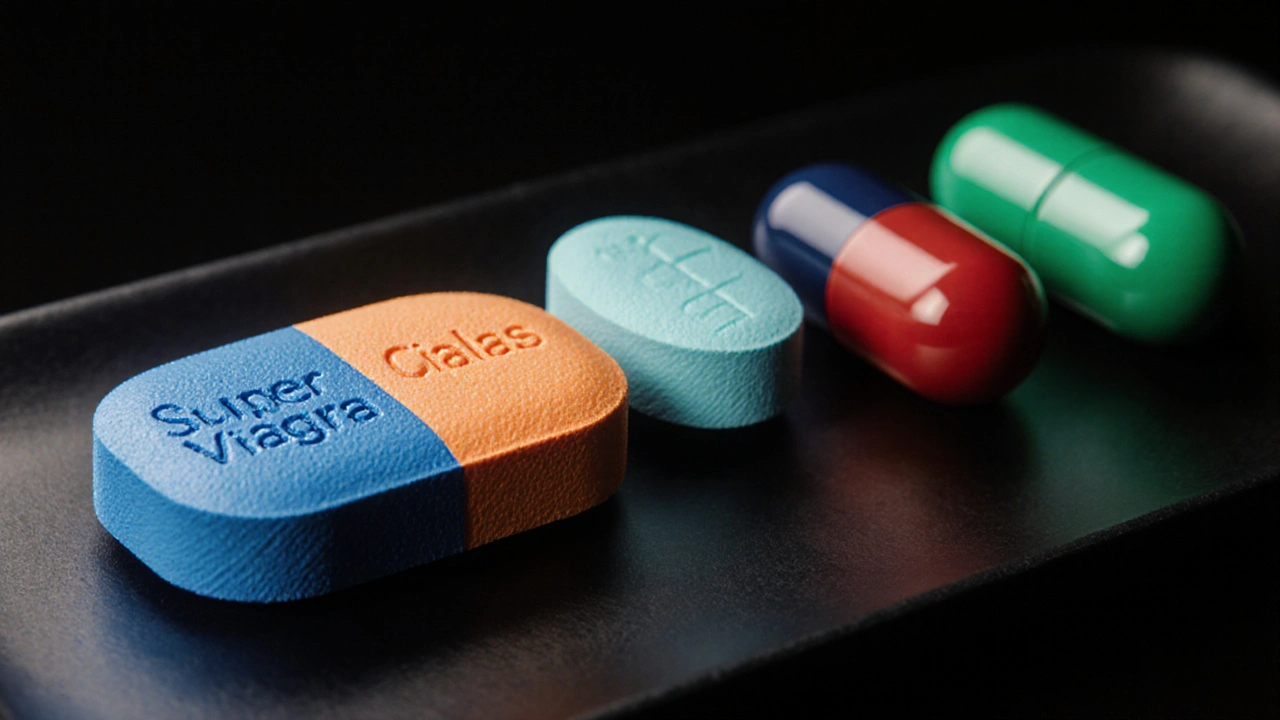 Five medication tablets lined up on a black surface, each with distinct colors.