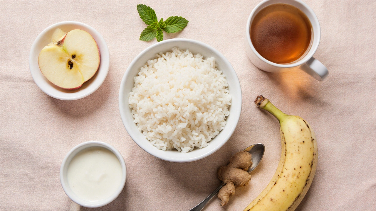 Flat lay of banana, rice, applesauce, yogurt, ginger tea, and chicken broth on pastel linen.