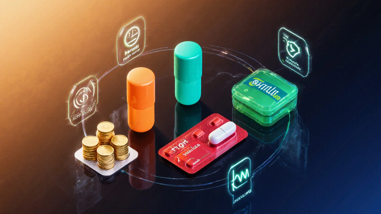Four antiviral pills with cost, cure rate, and duration icons on a dark surface.