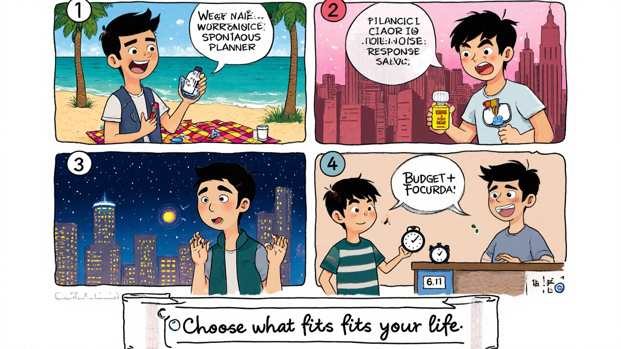 Four lifestyle scenes showing which ED pill suits a beach picnicker, night owl, quick‑onset user, and budget shopper.