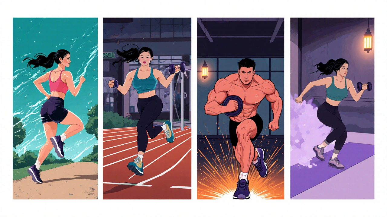 Four-panel sequence: jogging, weightlifting, HIIT sprint, yoga in vibrant manhua style.