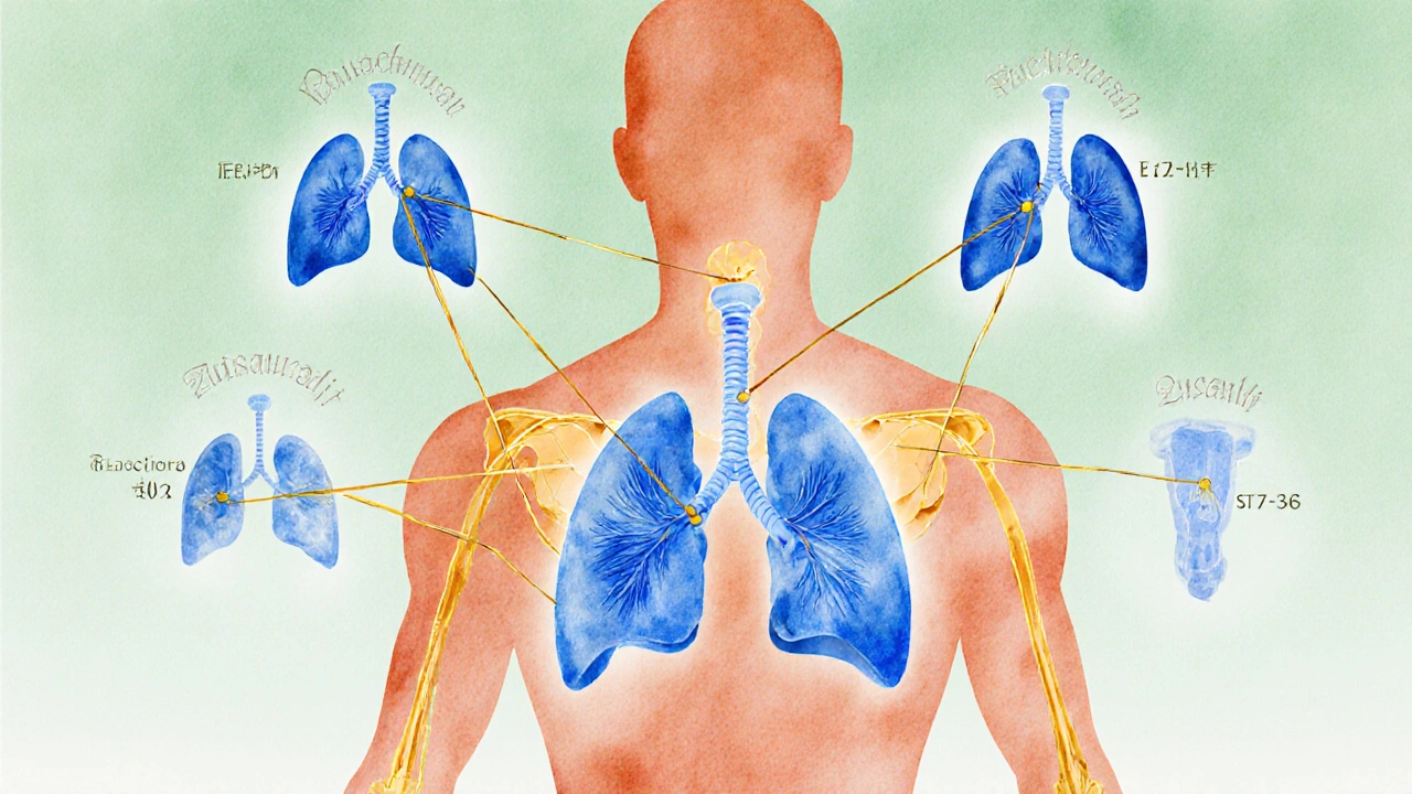 Illustrated torso with acupuncture points and glowing lines to lungs showing healing energy.