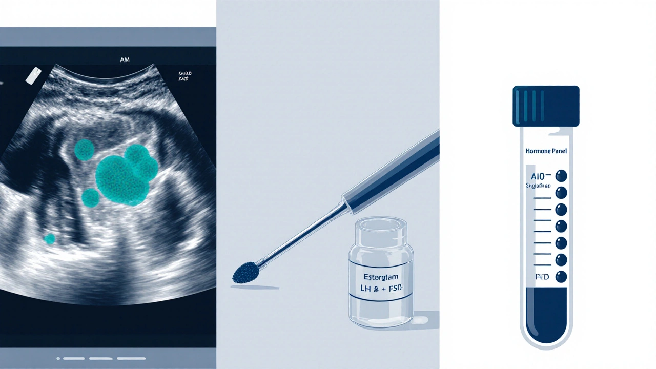 Illustrated trio of ultrasound image, pap smear brush, and hormone test tube.