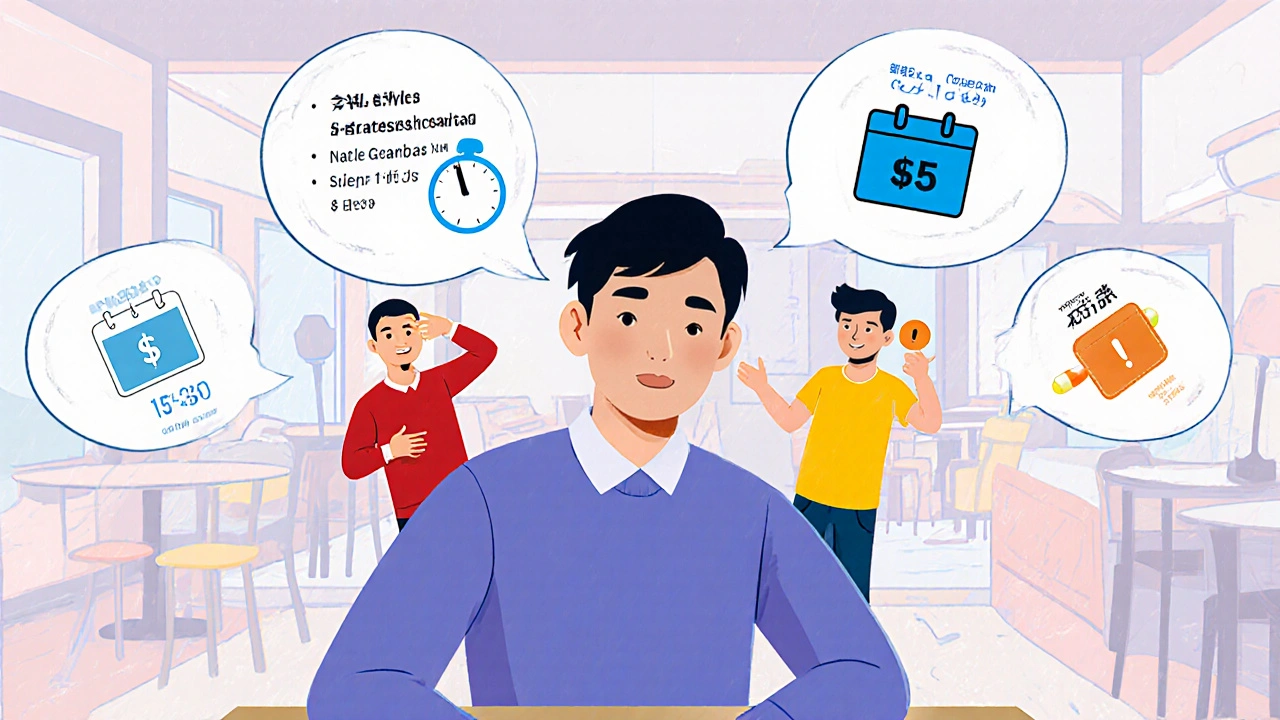 Man at café with speech balloons showing onset, duration, cost, and side effects of pills.