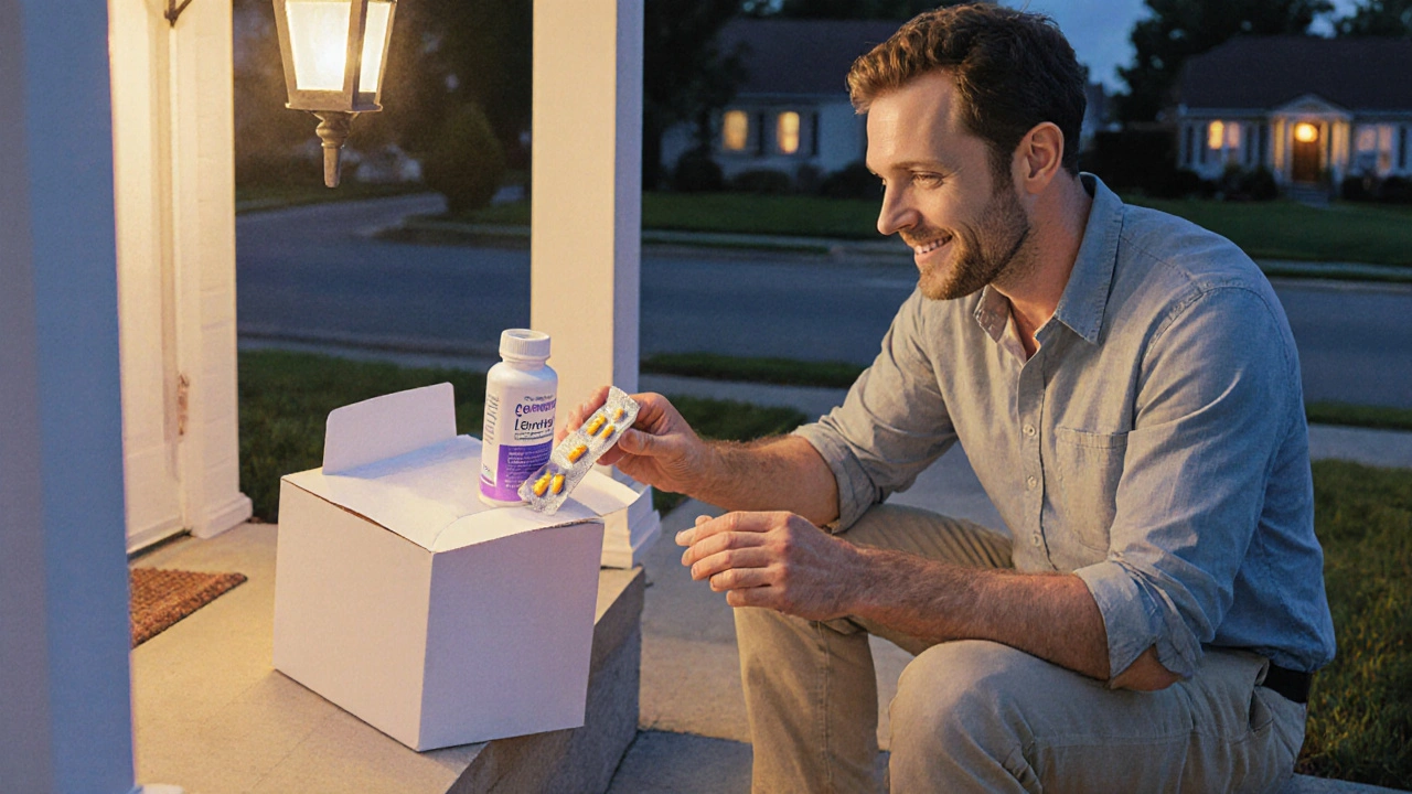 Man opening discreet box with generic Levitra pills at his doorstep.