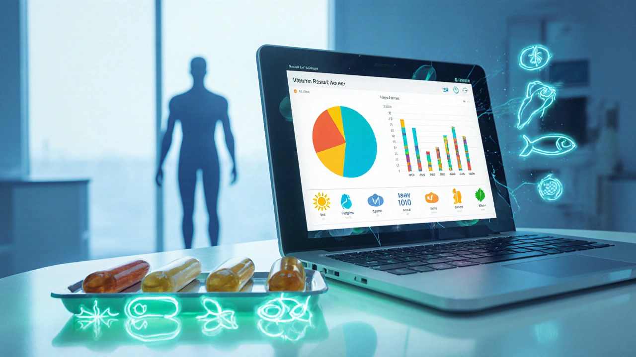 Modern health kiosk showing supplements and glowing figure highlighting deficiencies.
