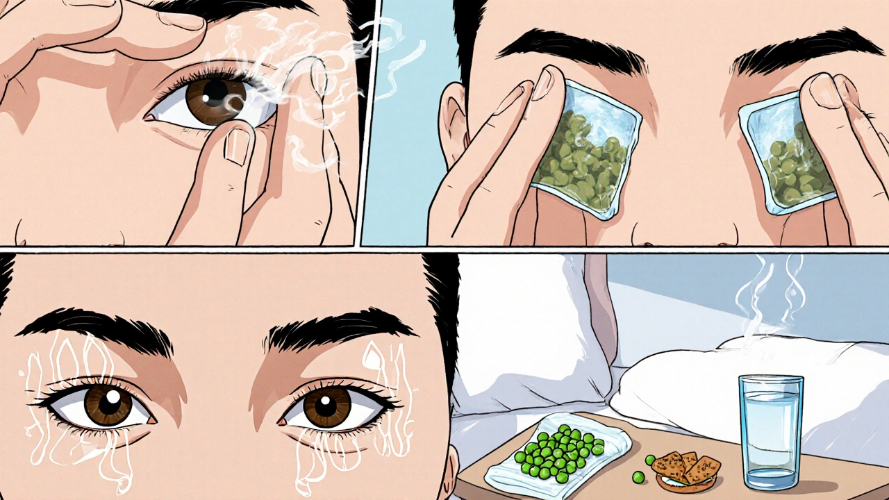 Multi‑panel illustration showing tapping, tea bags, frozen peas, and water for eye swelling relief.