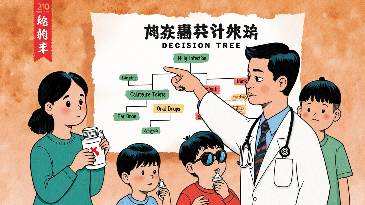 Parent and doctor reviewing antibiotic decision flowchart with topical vs oral options