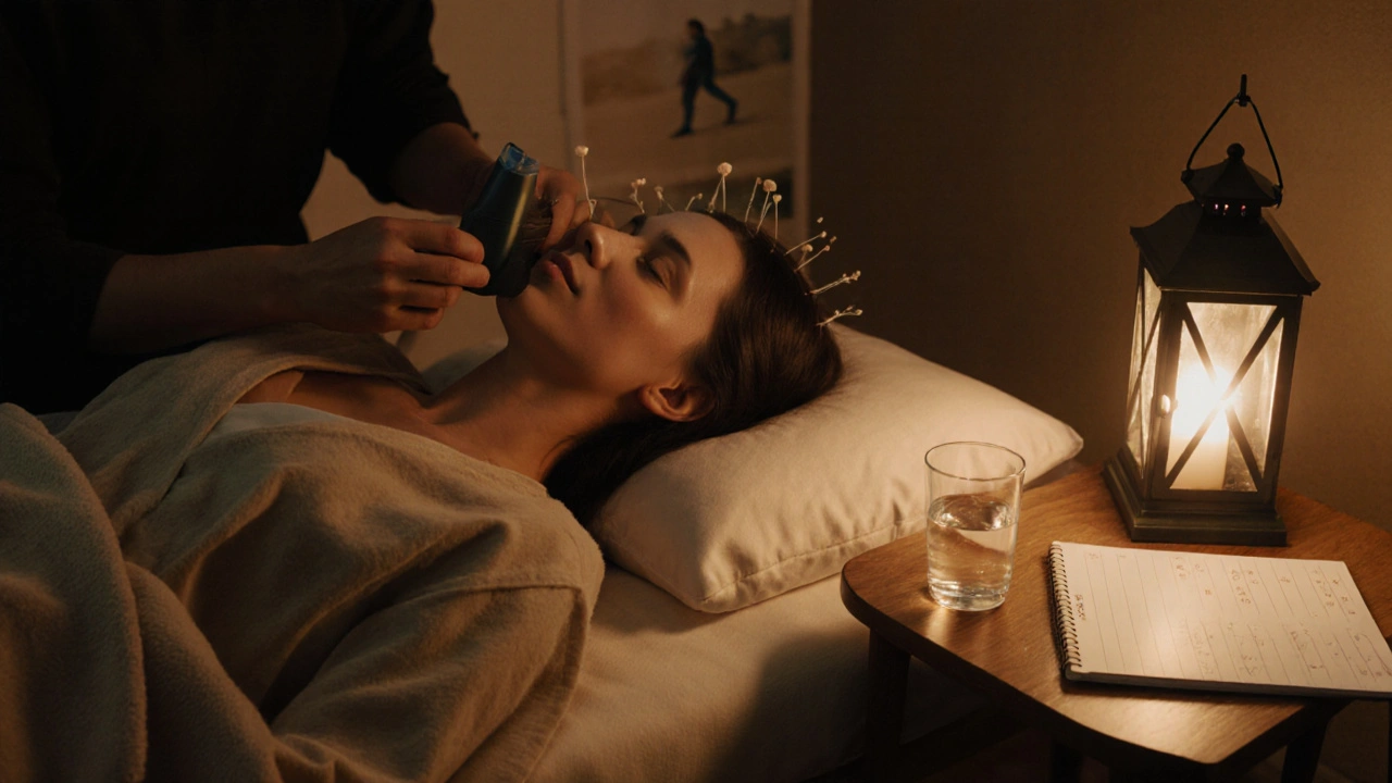 Patient receiving acupuncture with inhaler nearby, lantern light, and a walking silhouette.