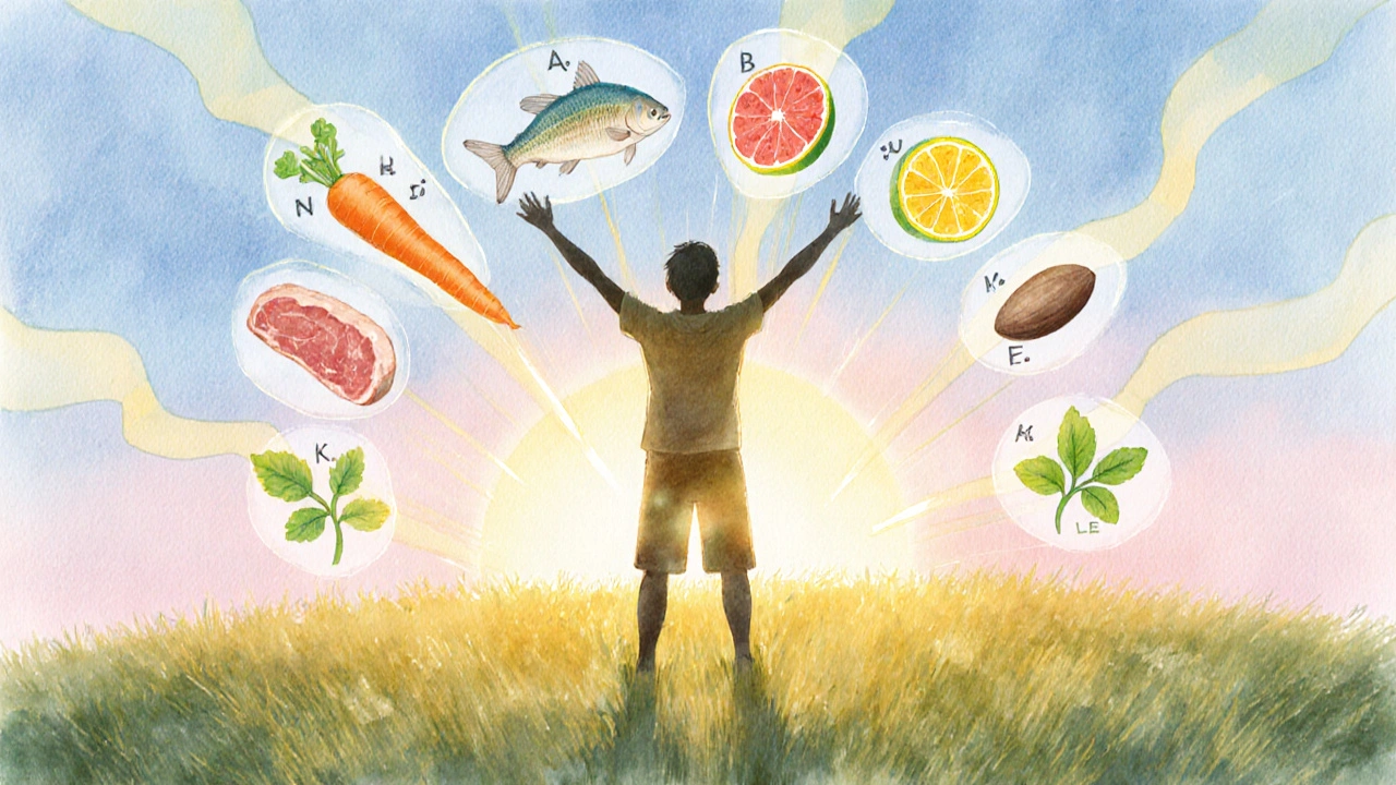Person raising arms at sunrise with floating vitamin icons representing nutrition.