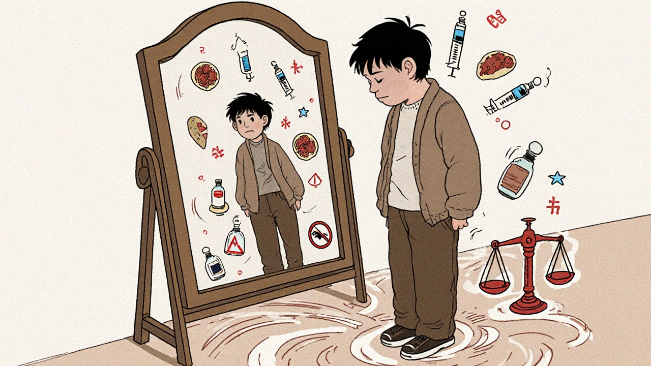 Person staring at mirror showing two body versions, insulin syringes and food weights floating around.