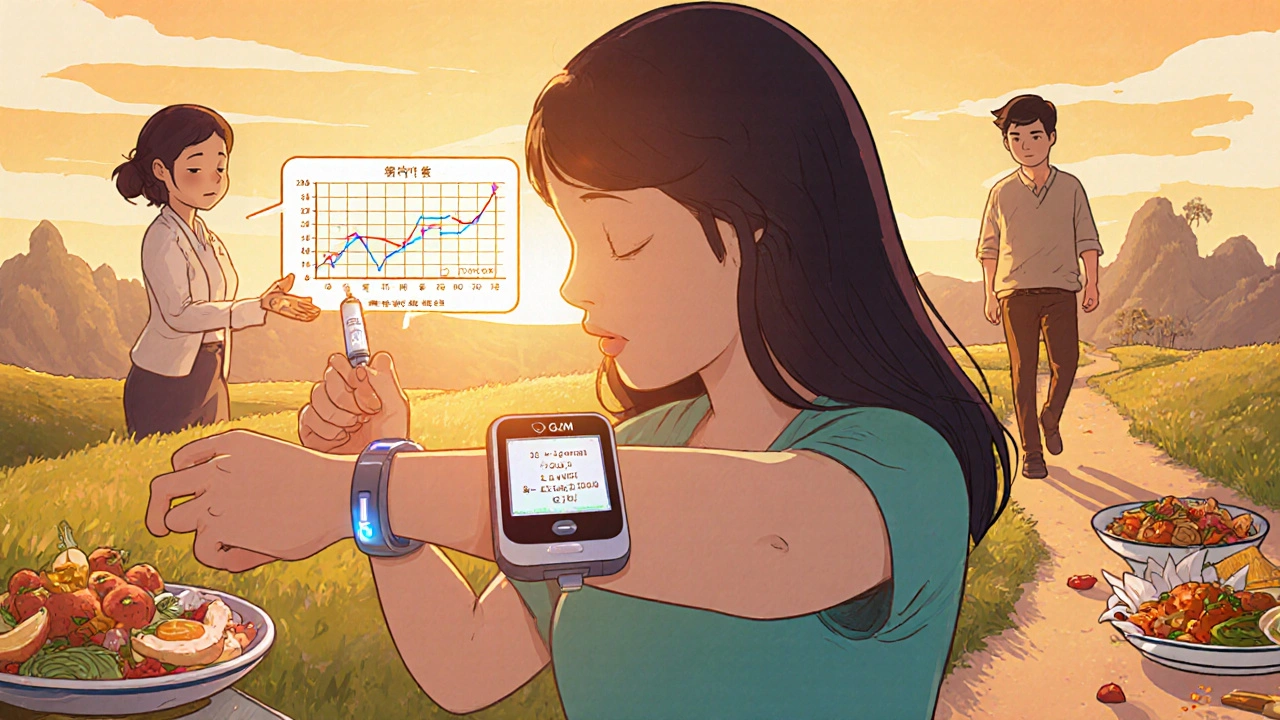 Person using CGM and insulin pump with healthcare team nearby, healthy foods and path in background.