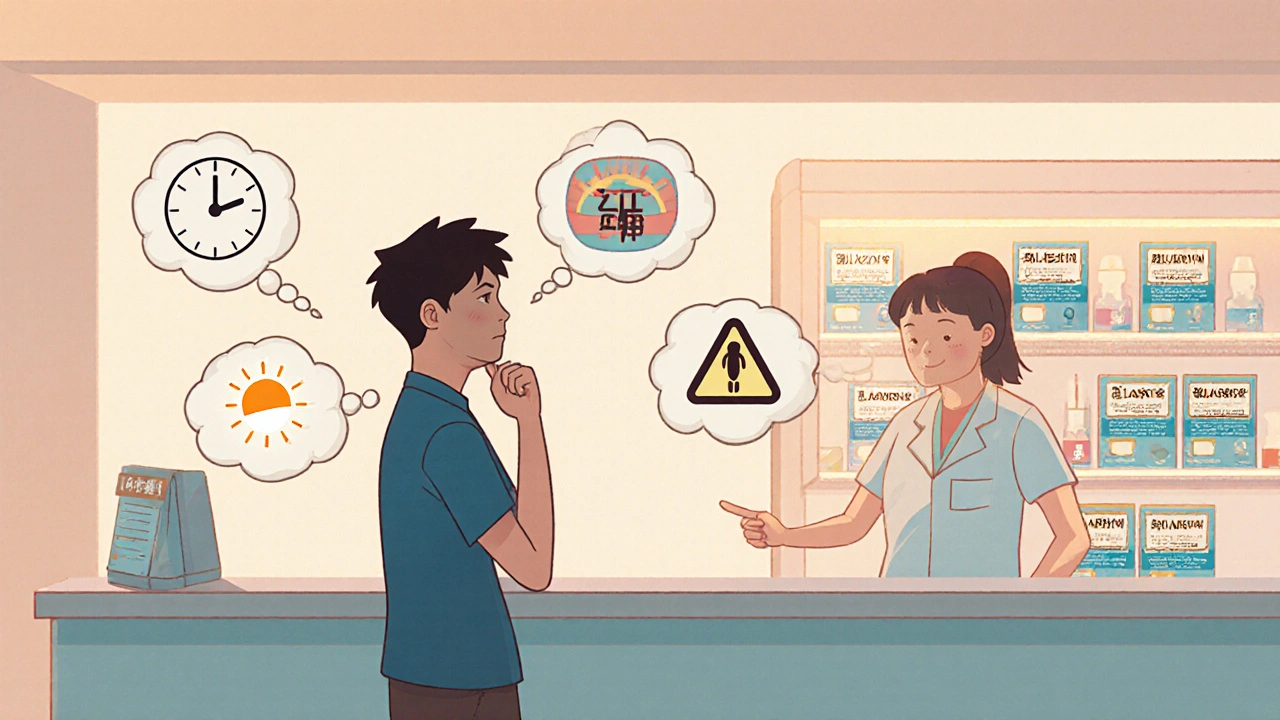Pharmacy checkout scene with a shopper weighing fast relief, cost, alertness, and safety in thought bubbles.
