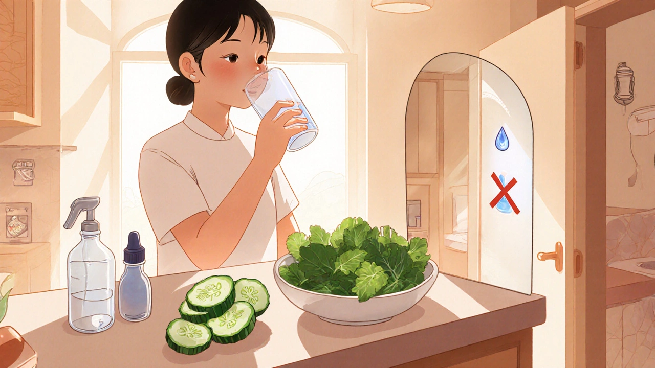 Scene of a person drinking water, eating cucumber, and applying eye drops to prevent puffiness.