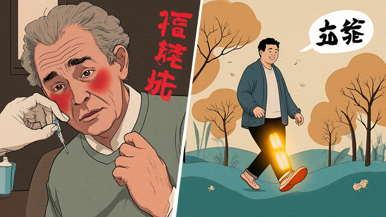 Split scene: patient receiving joint injection on left, same person walking happily in park on right with golden aura around knees.