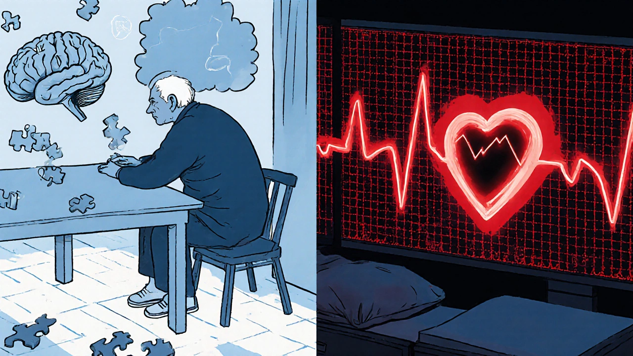 Split scene showing memory loss on left and ECG with prolonged QT on right.