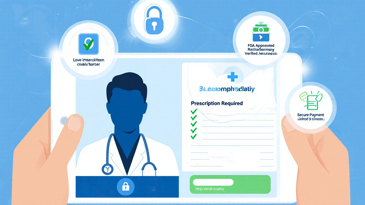 Tablet showing a video consult and safety icons for prescription, approval, and secure payment.