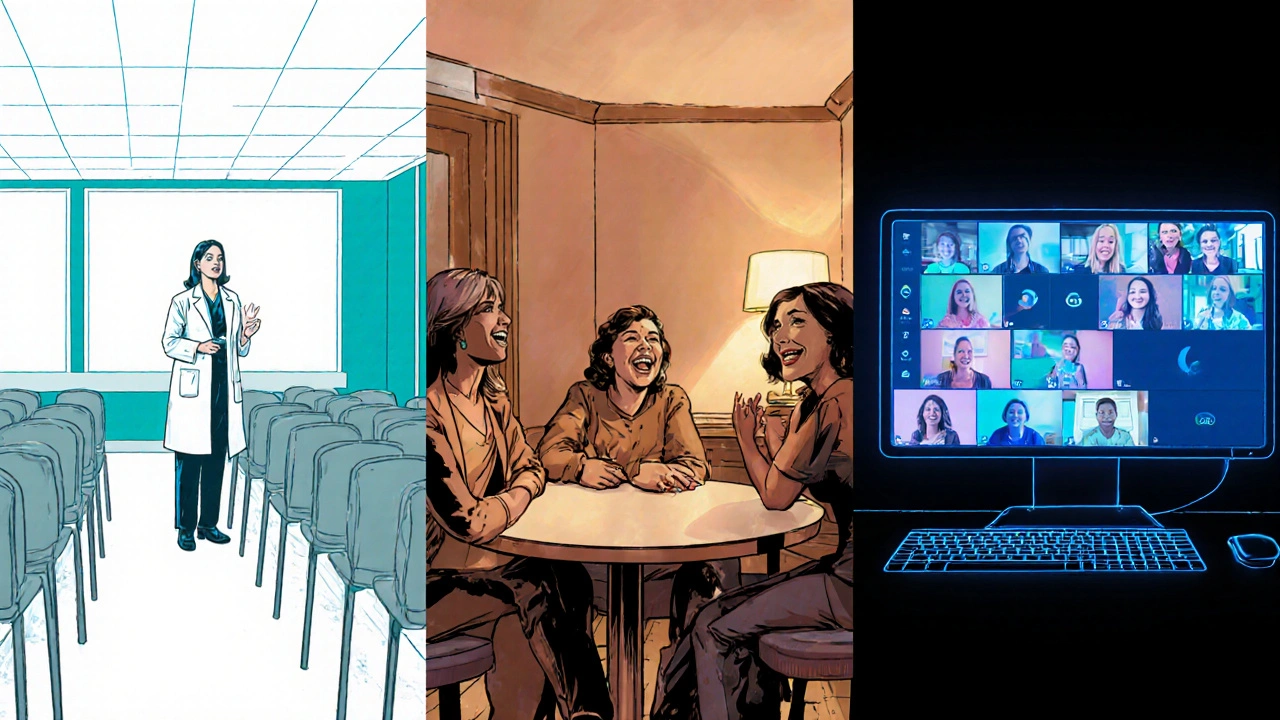 Three panels depict hospital group, café meetup, and online video call support groups.