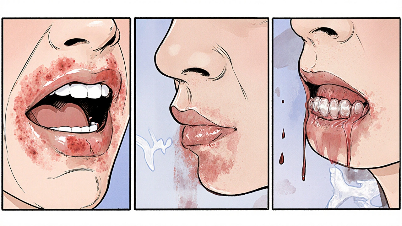 Three panels showing mouth ulcers, dry palate, and bleeding gums with exposed jaw bone.