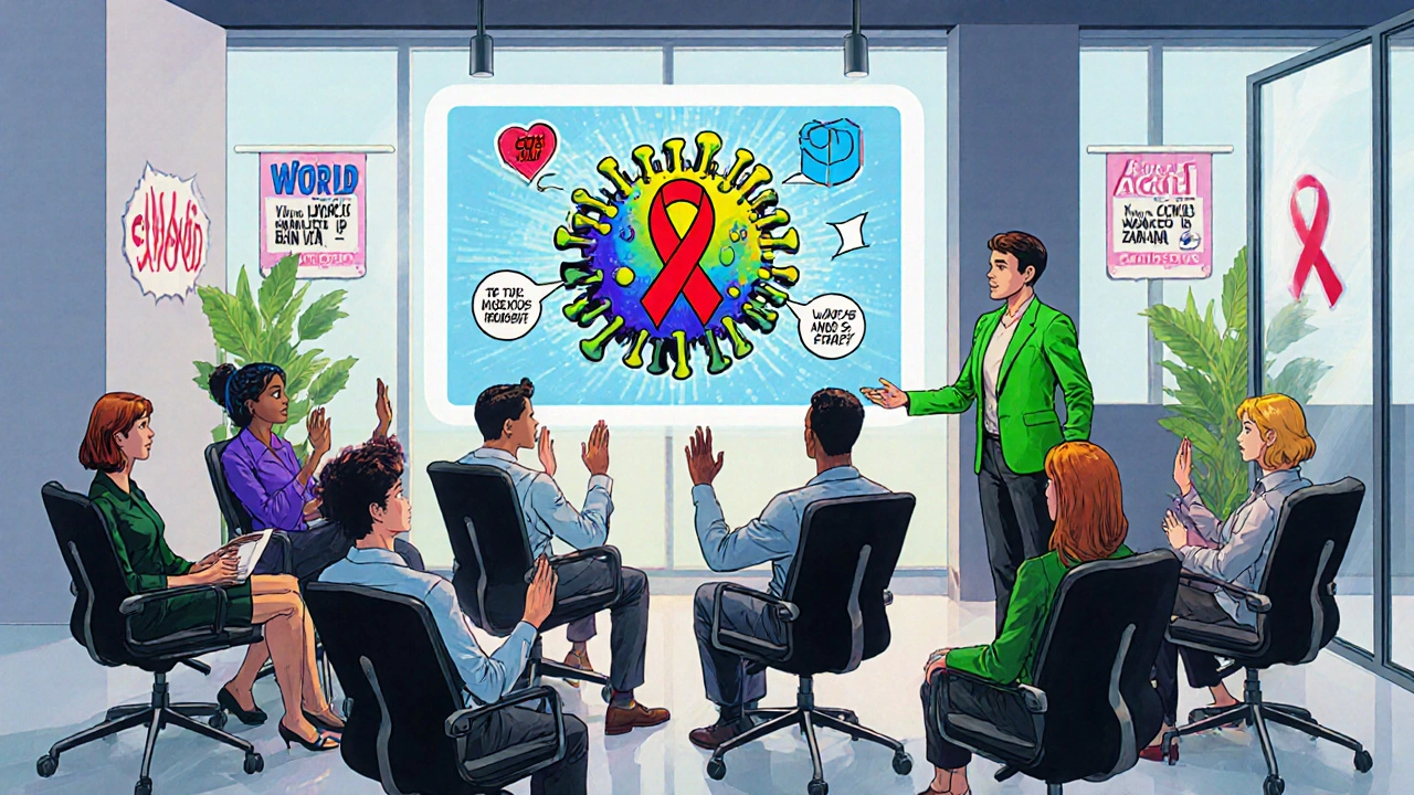 Training session with holographic HIV model and engaged, diverse employees.