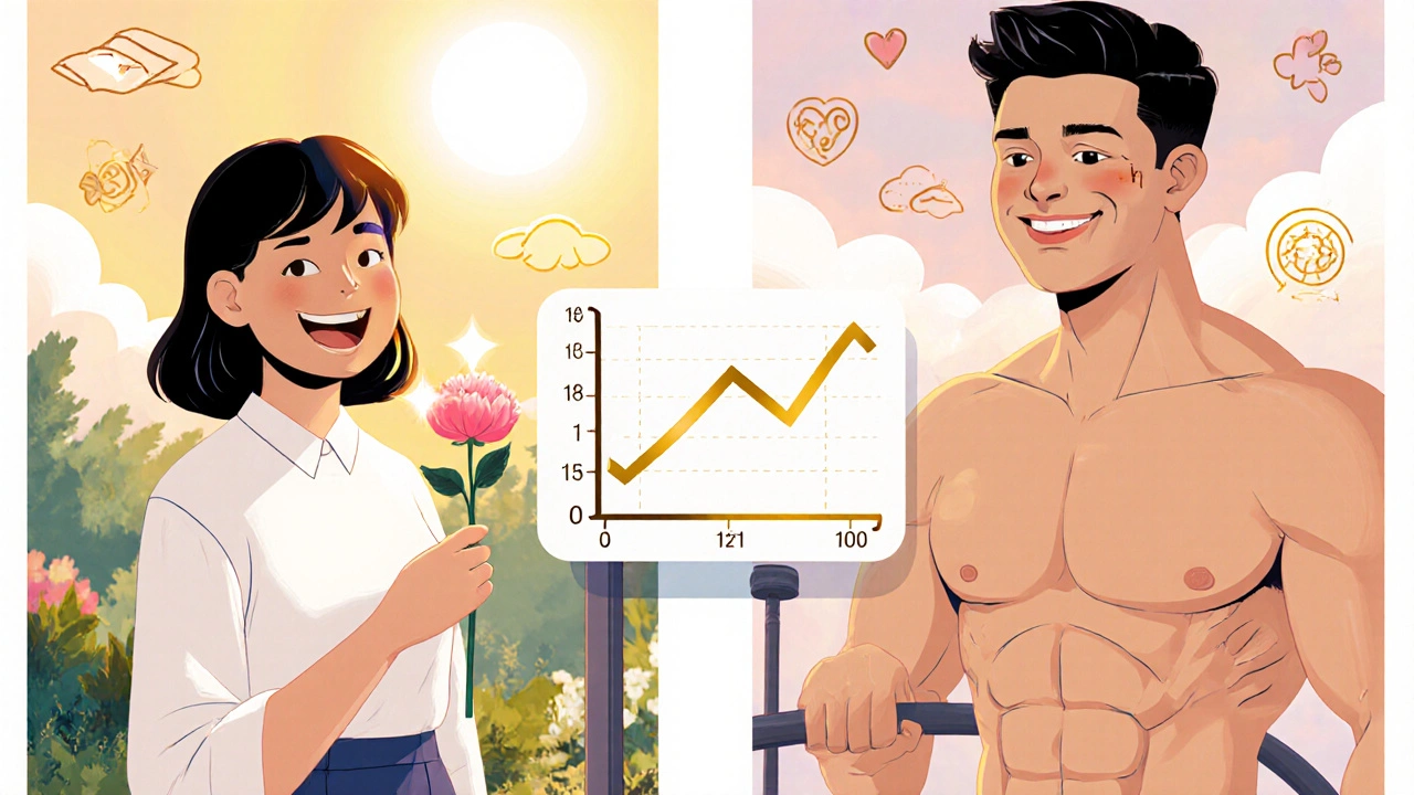 Two characters celebrating improvement, surrounded by subtle hormone curve and wellness symbols.