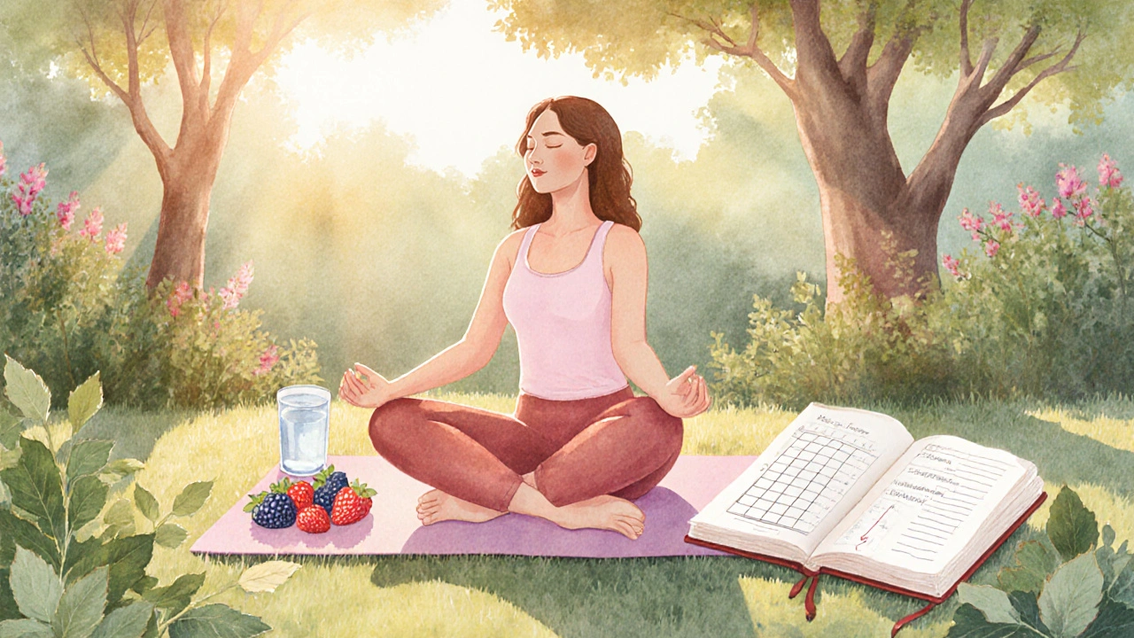 Woman practicing yoga outdoors with healthy foods and a period tracker journal.