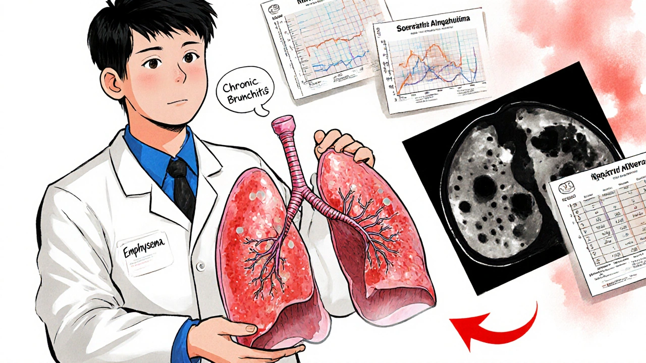 A doctor holds two lung models: one clogged with mucus, the other with collapsed sacs, beside medical charts and CT scans.