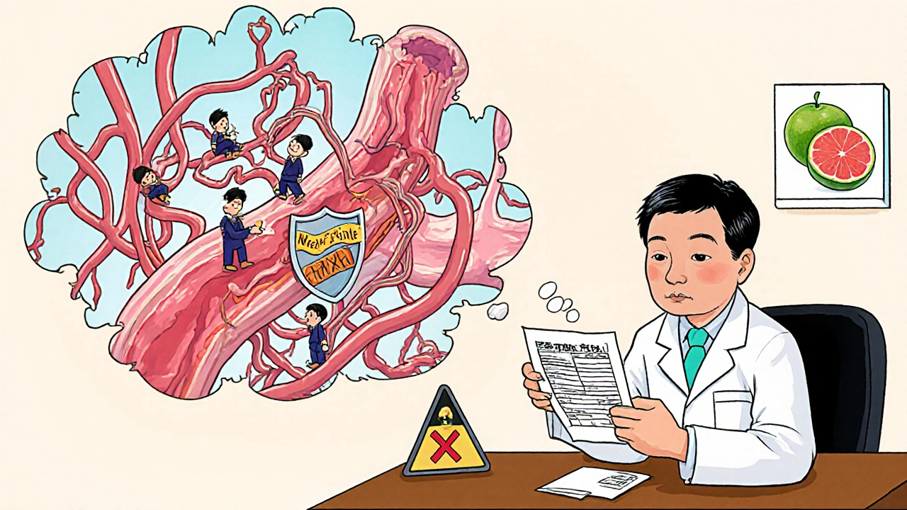 A doctor prescribing Procardia XL while a floating diagram shows blood vessels relaxing and calcium ions being blocked by a shield.