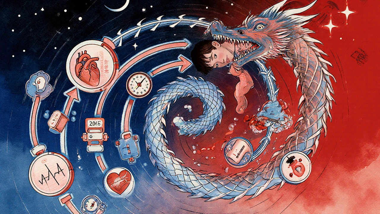 A dragon-shaped cycle links blocked airway, fluid-filled lungs, and a failing heart, with medical icons as scales in a midnight scene.