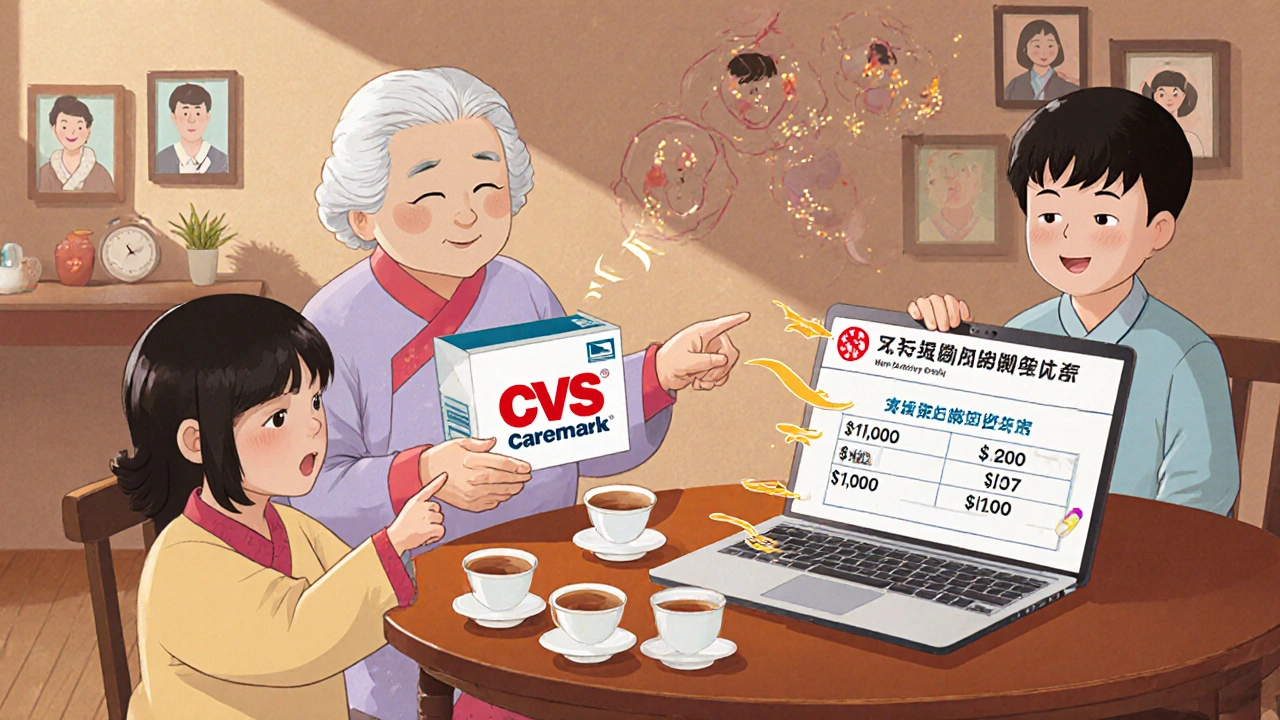 A family celebrates savings on medications, with a mail-order package and a digital savings calculator on the table.