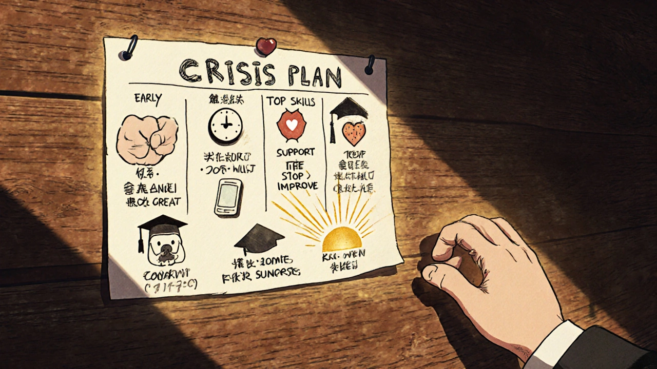 A handwritten crisis plan on a wall with glowing sections and supportive light.