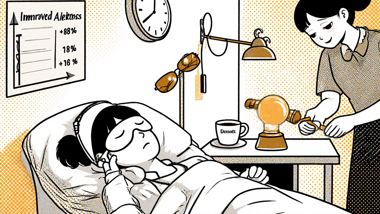 A nurse napping at work with a light therapy lamp nearby, showing improved alertness through a chart on the wall.