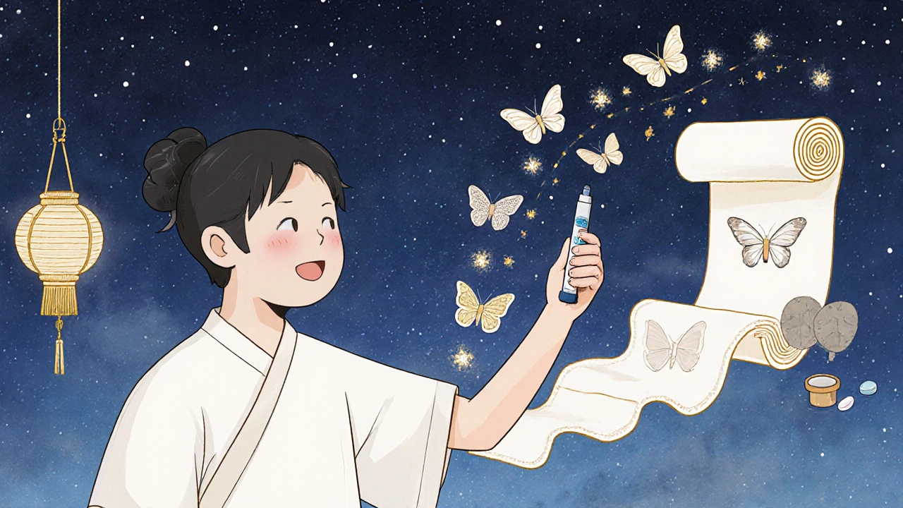 A patient receiving allergy shots as allergens turn into butterflies, symbolizing long-term immune improvement.