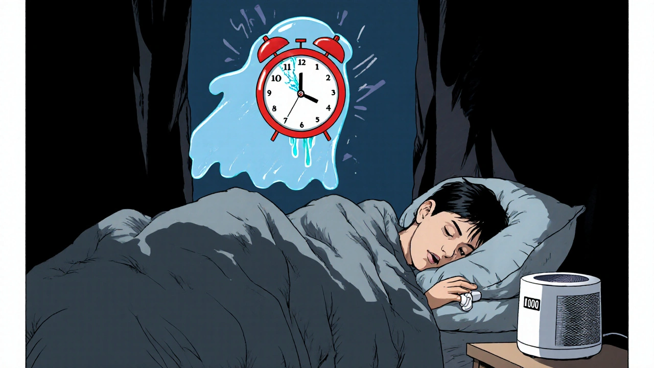 A person sleeping in a darkened bedroom during daytime, with sunlight leaking in and a broken clock floating above.