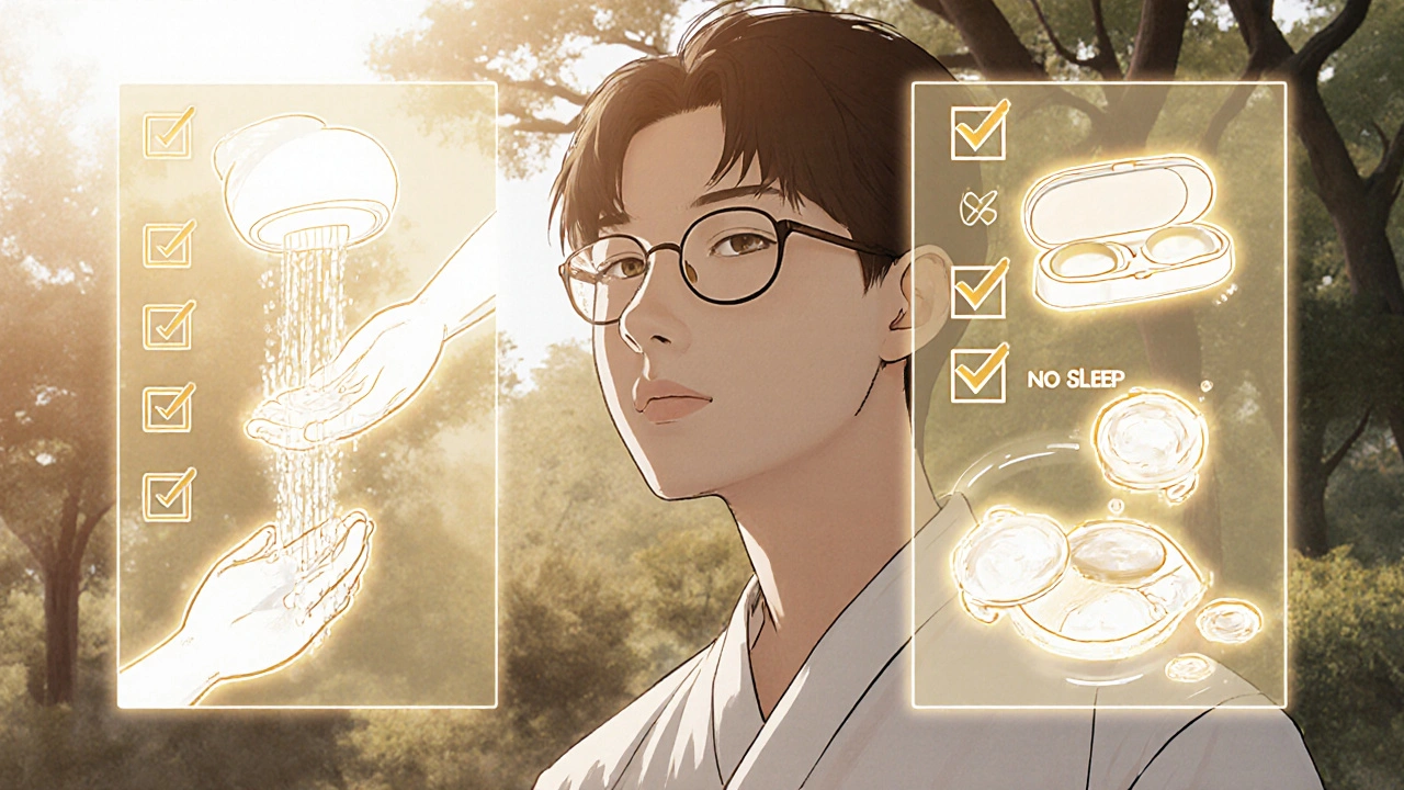 A person wearing glasses in sunlight, with clean lens-handling habits shown as glowing symbols around them.