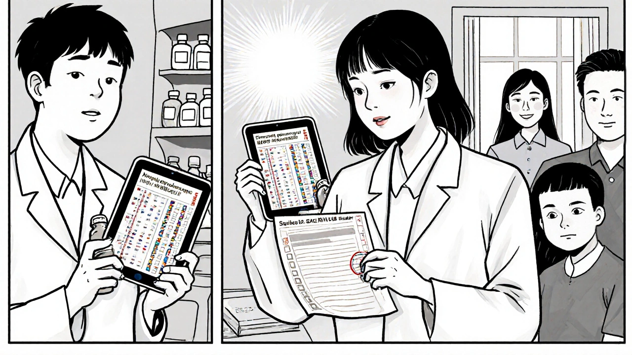 A pharmacist and patient examine medication lists at home, with a tablet showing a flagged drug interaction.